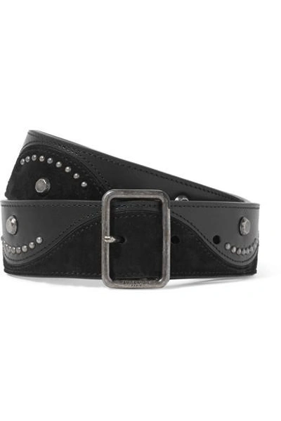 Shop Saint Laurent Studded Suede And Leather Waist Belt In Black