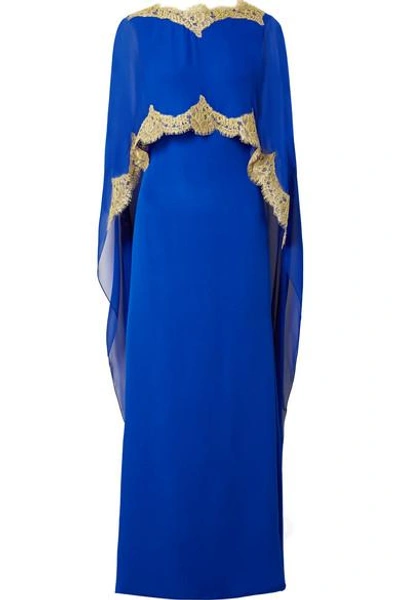 Shop Reem Acra Cape-effect Embellished Lace-trimmed Silk-chiffon Gown In Bright Blue