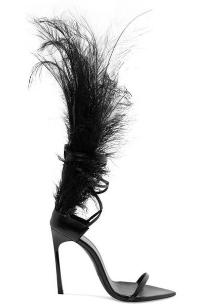 Shop Saint Laurent Talitha Feather-trimmed Glossed-leather Sandals In Black