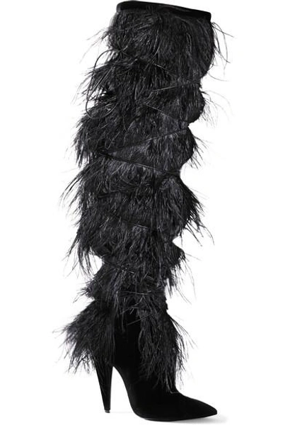 Shop Saint Laurent Yeti Feather-trimmed Suede Over-the-knee Boots