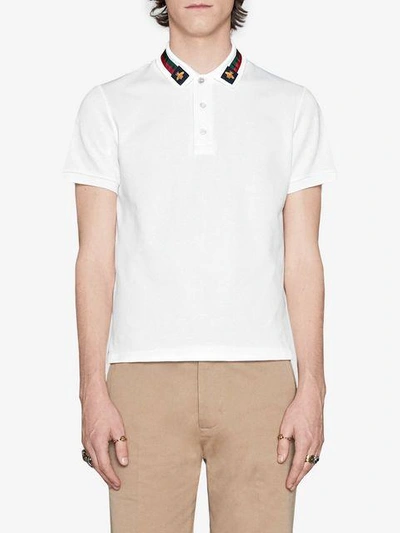 Shop Gucci Cotton Polo With Web And Bee In White