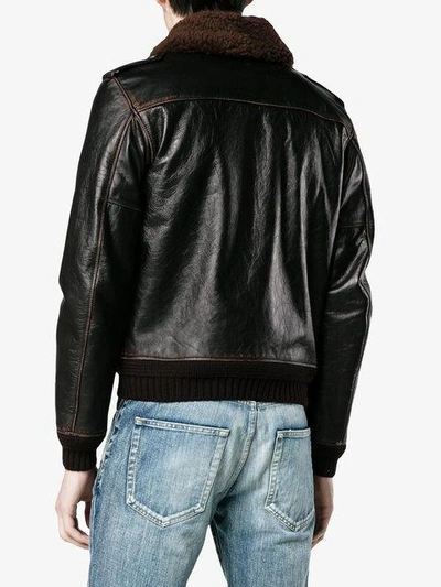 Shop Saint Laurent Leather Flight Jacket With Patches In Black