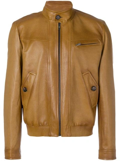 Shop Prada Zipped Leather Jacket In Brown