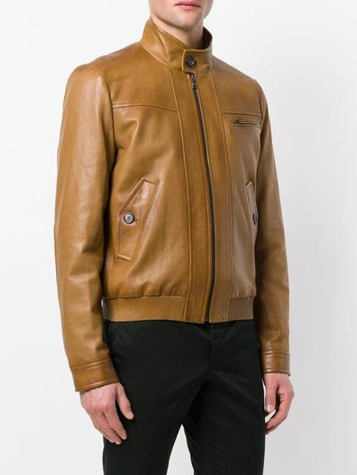 Shop Prada Zipped Leather Jacket In Brown