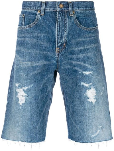 Shop Saint Laurent Distressed Denim Shorts In Blue