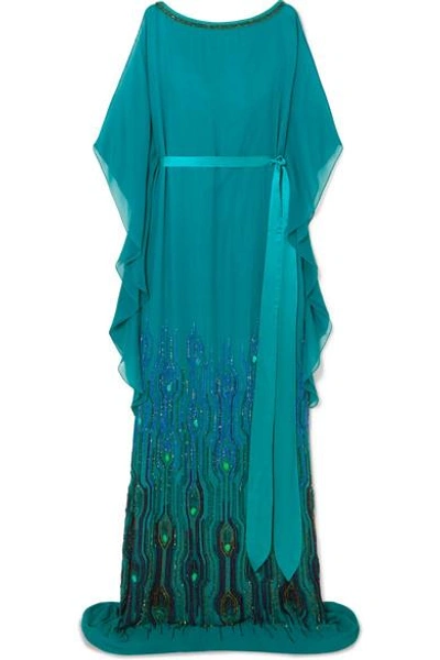 Shop Jenny Packham Embellished Chiffon Gown In Teal