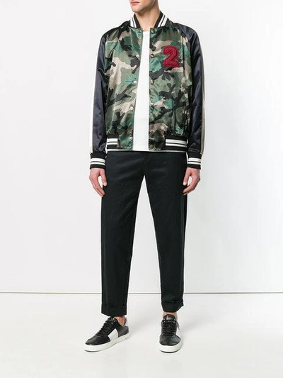 Valentino Beaded Logo Camo Satin Bomber Jacket In Green