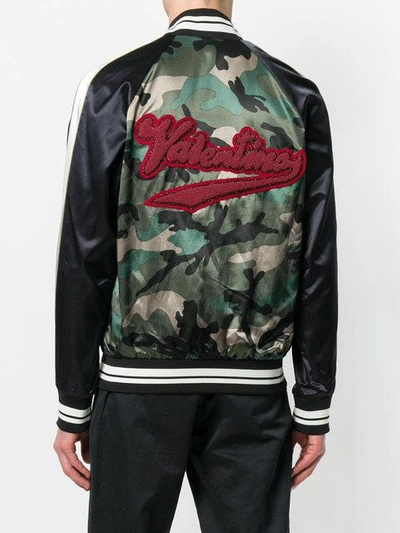 Valentino Beaded Logo Camo Satin Bomber Jacket In Green