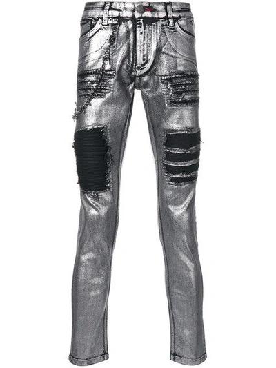 metallic moto jeans