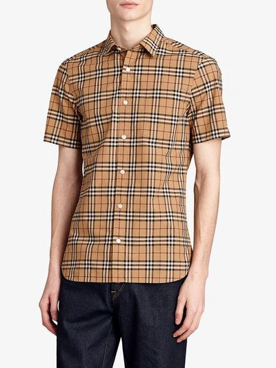 Shop Burberry Short-sleeve Check Cotton Shirt In Brown