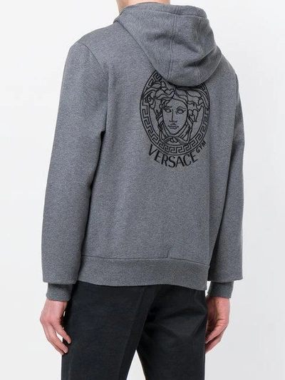 Shop Versace Medusa Logo Zipped Hoodie In Grey