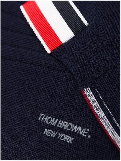 Shop Thom Browne Ribbed Mid Calf Sock With Vertical Stripe In Fine Merino Wool In Blue