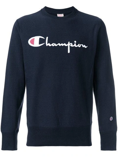 Shop Champion Logo Patch Sweatshirt In Blue