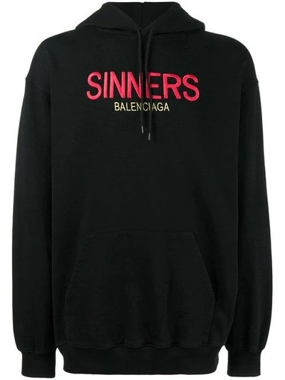 Balenciaga Sinners-embroidered Hooded Cotton Sweatshirt In Black | ModeSens