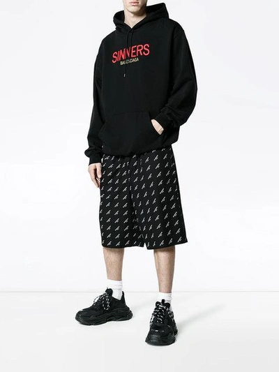 Balenciaga Sinners-embroidered Hooded Cotton Sweatshirt In Black | ModeSens