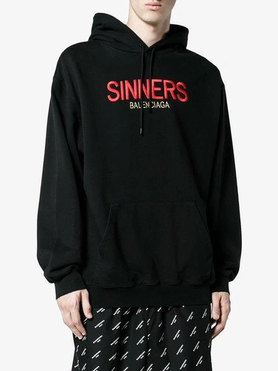 Balenciaga Sinners-embroidered Hooded Cotton Sweatshirt In 1000 - Noir |  ModeSens