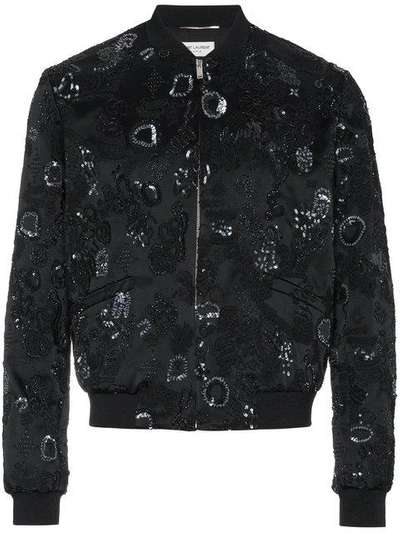 Shop Saint Laurent Sequin Embroidered Bomber Jacket In Black