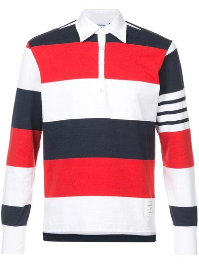 Shop Thom Browne Ls Polo In Rugby Stripe W/ Engineered 4-bar In Red