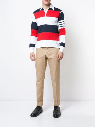 Shop Thom Browne Ls Polo In Rugby Stripe W/ Engineered 4-bar In Red