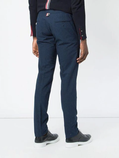 Shop Thom Browne Low Rise Skinny Side Tab Trouser In Salt Shrink Cotton In Blue