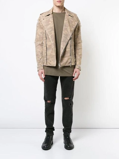 Shop Balmain Destroyed Camouflage Print Biker Jacket In Brown