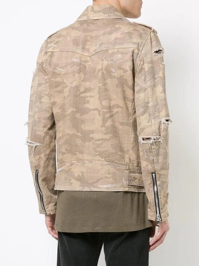 Shop Balmain Destroyed Camouflage Print Biker Jacket In Brown