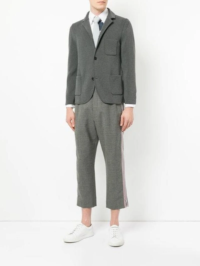 Shop Thom Browne Sport Coat With Milano Stitch And Red, White And Blue Intarsia Stripe In Cotton Crepe In Grey