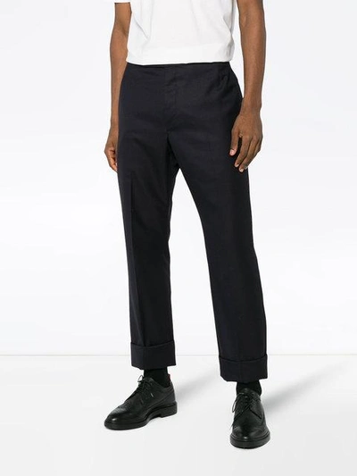 Shop Thom Browne Navy Silk And Wool Tailored Trousers In Blue