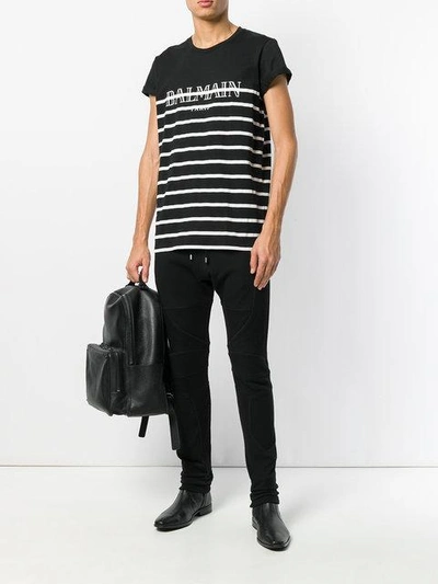 Shop Balmain Logo Print Striped T-shirt - Black