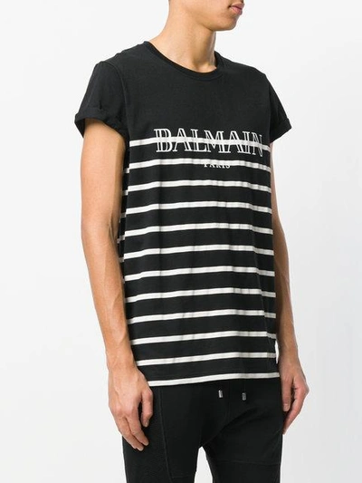 Shop Balmain Logo Print Striped T-shirt - Black