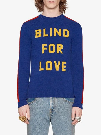 Shop Gucci "blind For Love" And Tiger Wool Sweater In Blue