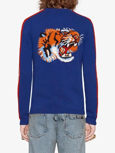 Shop Gucci "blind For Love" And Tiger Wool Sweater In Blue