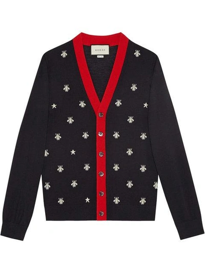 Shop Gucci Wool Cardigan With Bees And Stars In Blue