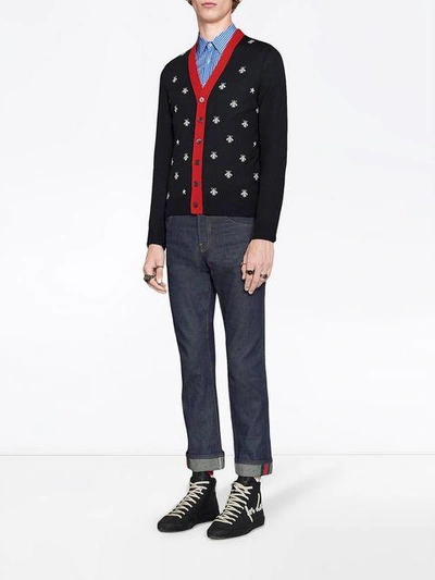 Shop Gucci Wool Cardigan With Bees And Stars In Blue