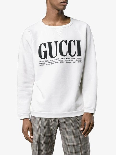 Shop Gucci World Cities Print Cotton Sweatshirt In White