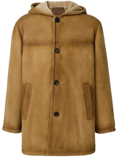 Shop Prada Sheepskin Hooded Coat In Brown