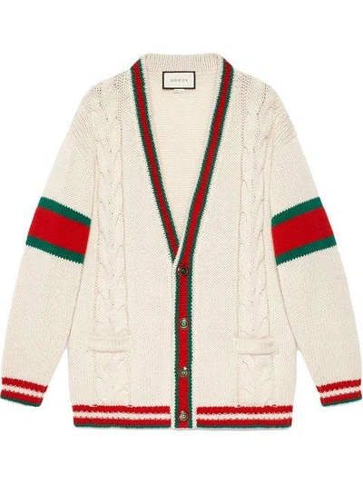 Shop Gucci Web Cable Knit Wool Cardigan In 9169 Off White