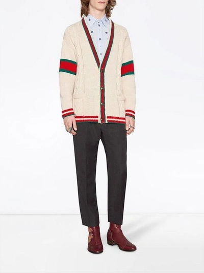 Shop Gucci Web Cable Knit Wool Cardigan In 9169 Off White