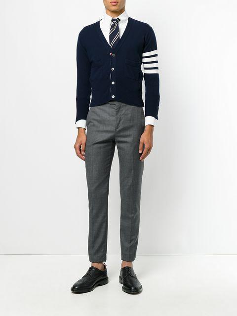 Thom Browne Intarsia Stripes Cashmere Short Cardigan In Blue | ModeSens