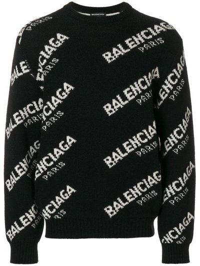 Shop Balenciaga Jacquard Logo Crew Neck Jumper In Black