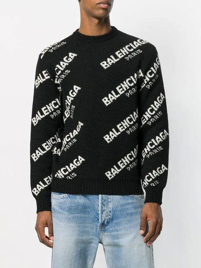 Shop Balenciaga Jacquard Logo Crew Neck Jumper In Black