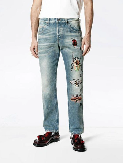 Shop Gucci Tapered Jeans With Insect Embroidery  In 4271 Blue