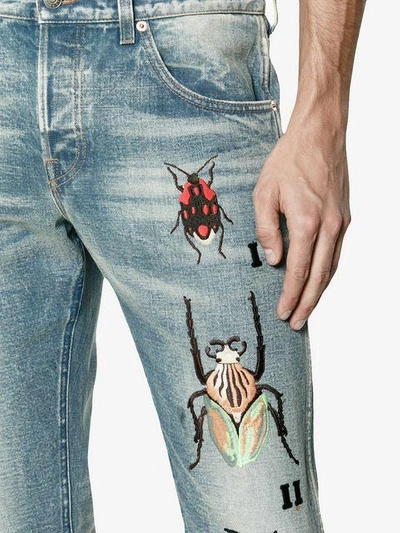 Shop Gucci Tapered Jeans With Insect Embroidery  In 4271 Blue