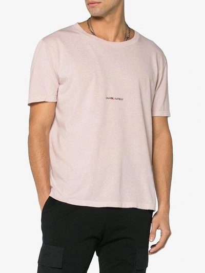 Shop Saint Laurent Distressed Logo Printed Cotton T Shirt In Pink