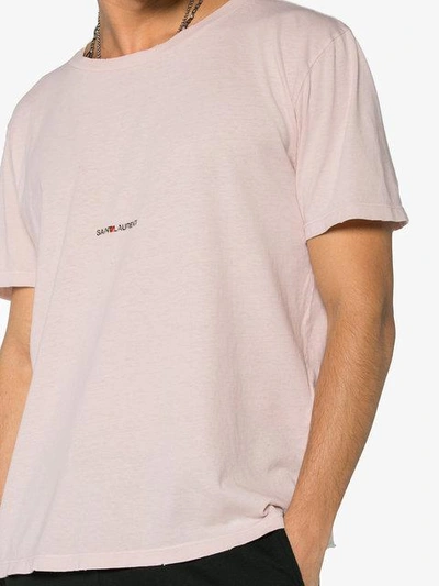 Shop Saint Laurent Distressed Logo Printed Cotton T Shirt In Pink