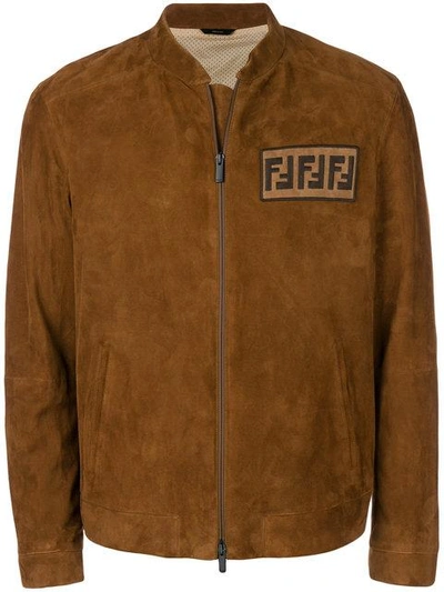Shop Fendi Logo Zipped Jacket In Brown