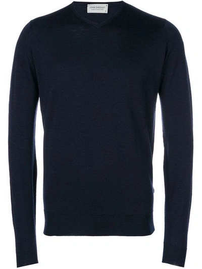 John Smedley Navy Blue V-neck Sweater In Blue