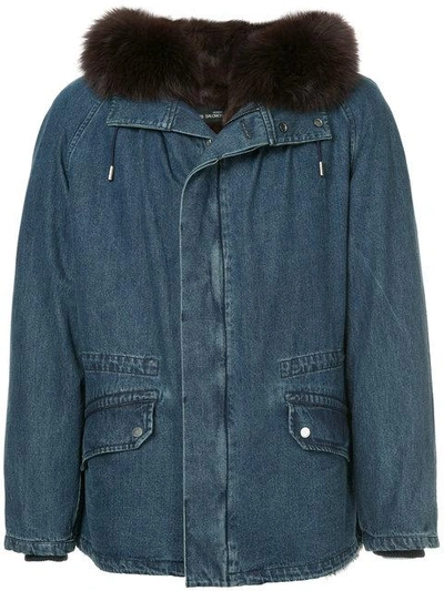 Shop Yves Salomon Fur Hooded Denim Coat In Blue