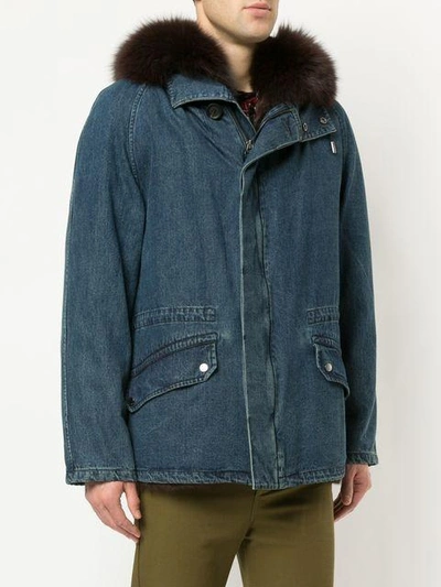 Shop Yves Salomon Fur Hooded Denim Coat In Blue