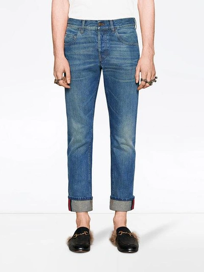 Shop Gucci Tapered Denim Pants With Web In Blue